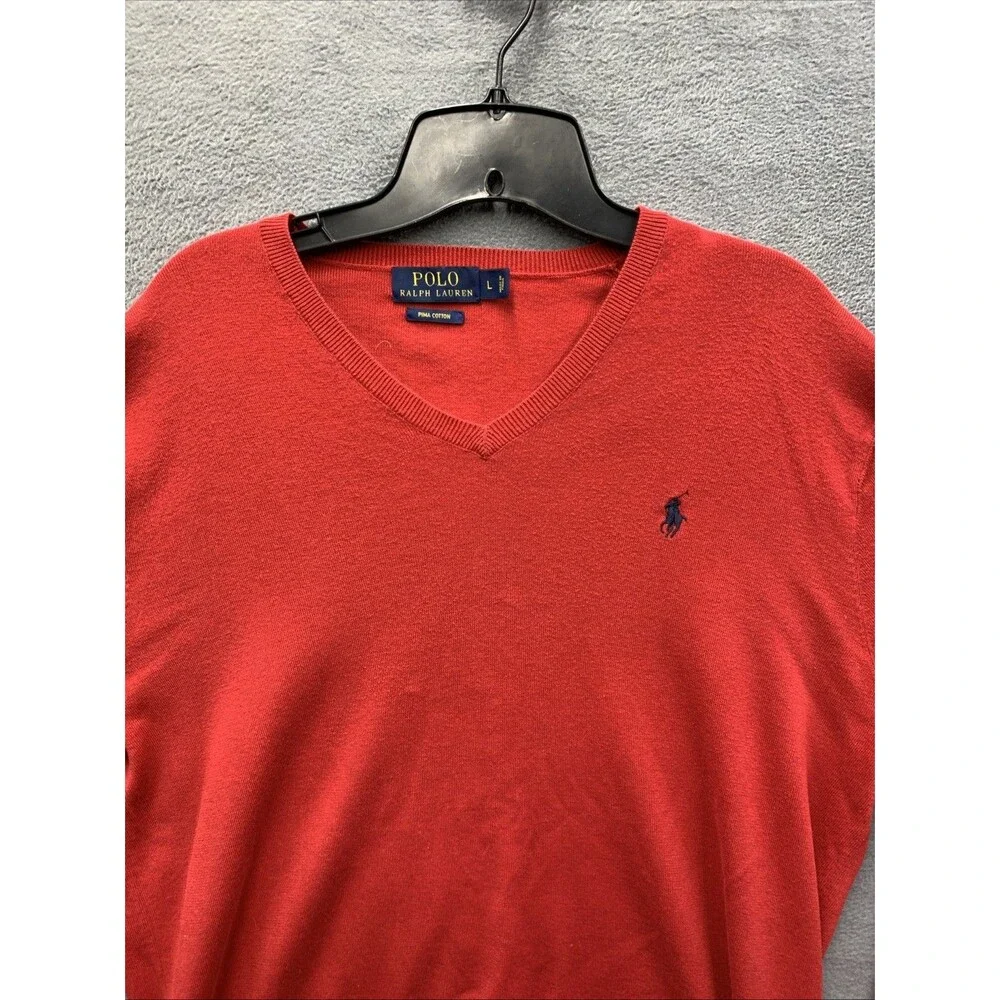 Polo Ralph lauren Mens Pullover V-Neck Sweaters Pima Cotton Preppy Red Large
